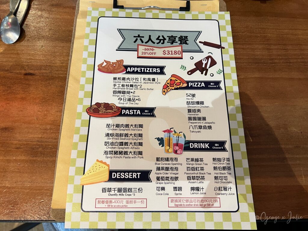 【桃園青埔美食】三十六號轉角披薩店|手工披薩義大利麵燉飯,青埔高鐵站附近聚餐推薦 16 六人分享餐菜單