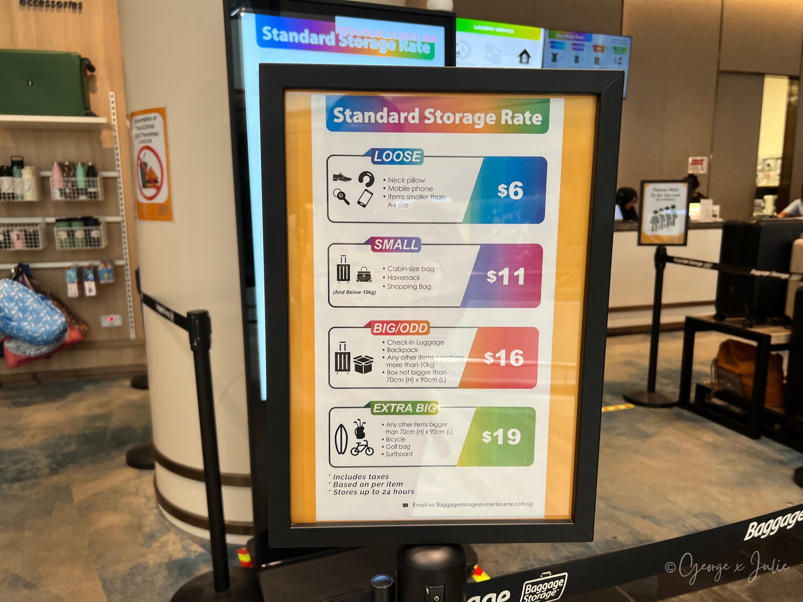 Baggage Storage 收費表，依行李大小分成 Loose、Small、Big/Odd、Extra Big 四個級距