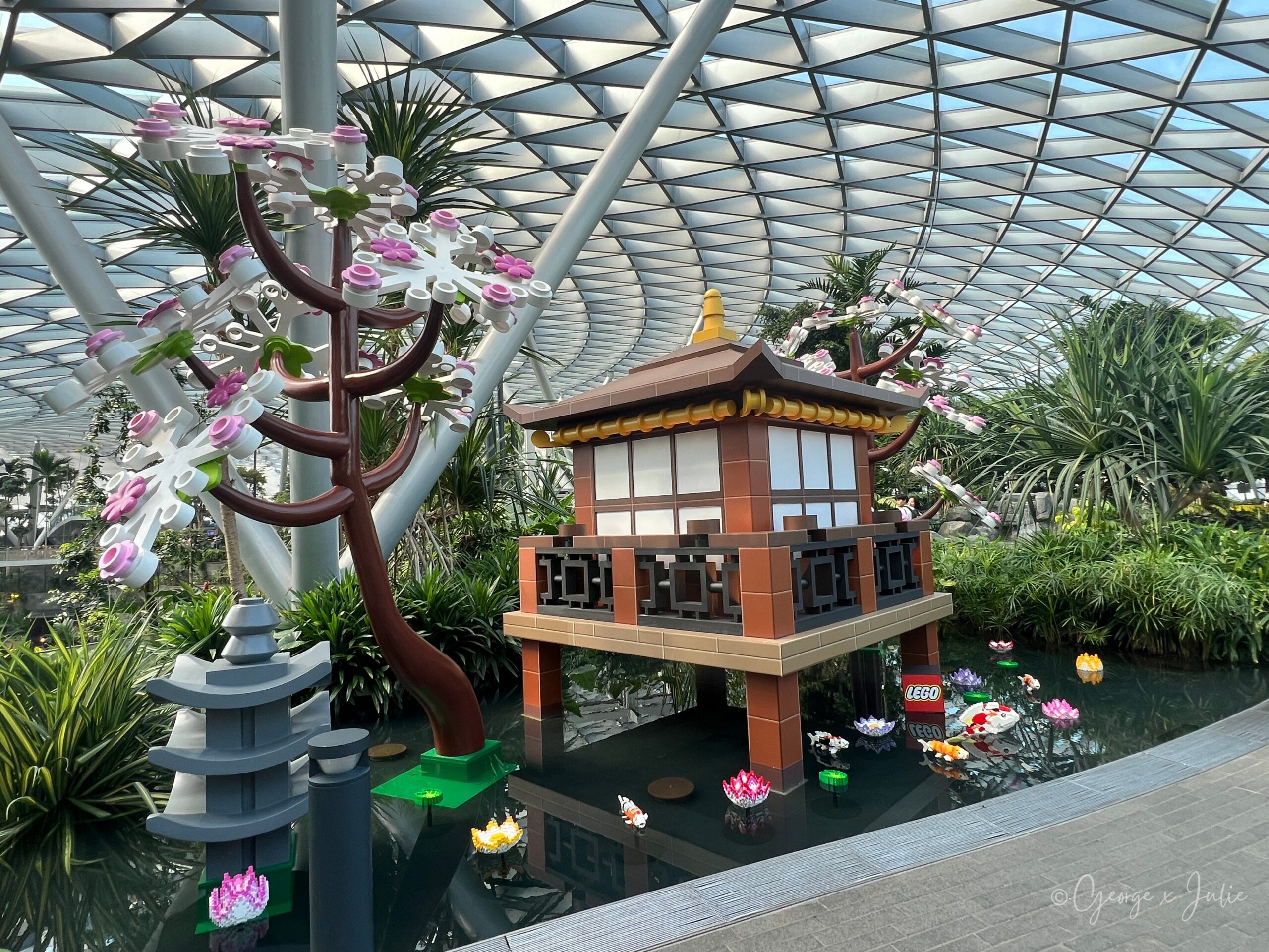 【新加坡親子景點】星耀樟宜星空花園Canopy Park|鏡子迷宮、天懸橋親子實玩攻略 12 用樂高積木搭出的日式涼亭立在錦鯉池上,池面漂著樂高蓮花與錦鯉,是 LEGO Botanicals 主題裡另一個亮點場景