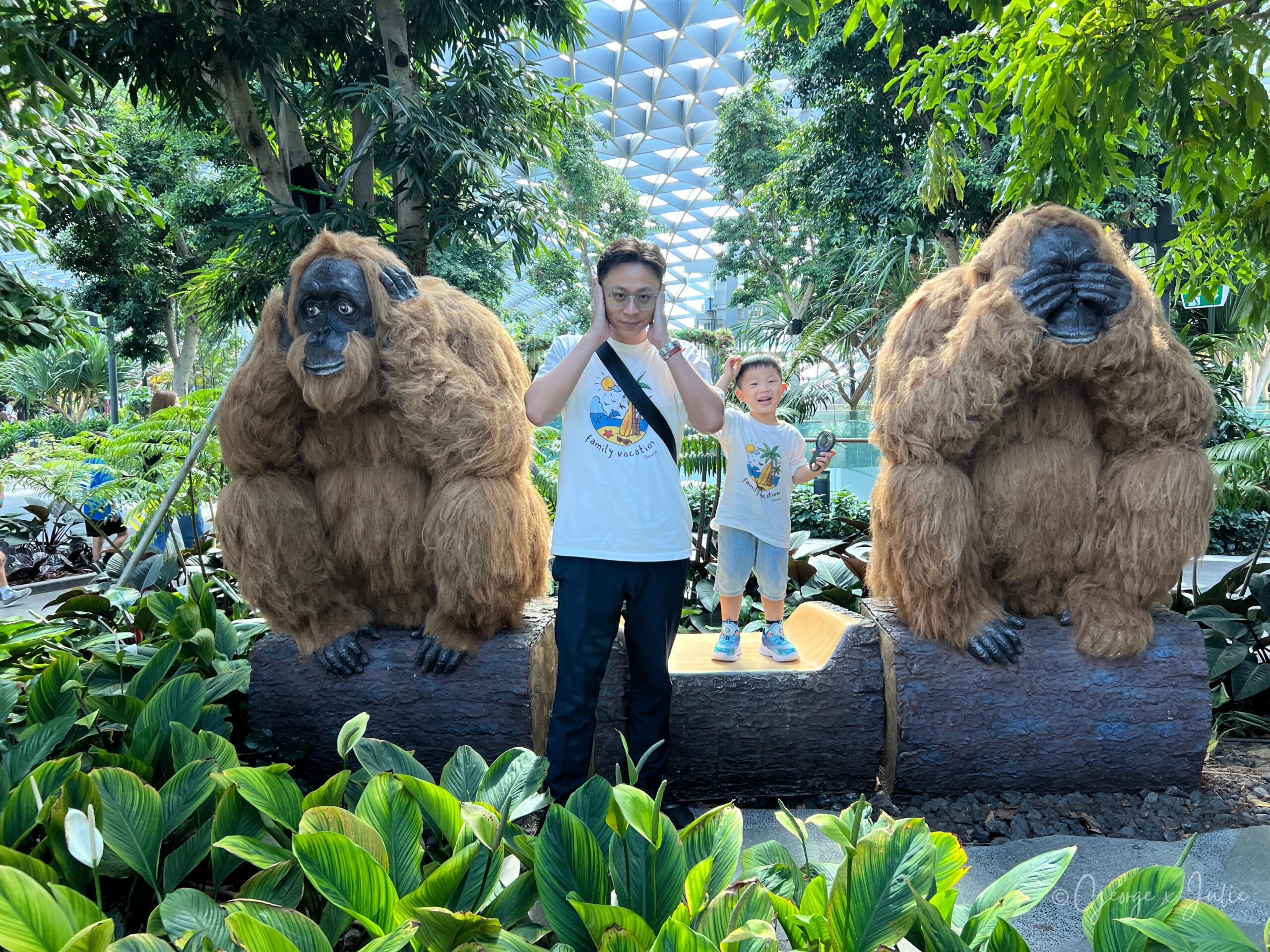 【新加坡親子景點】星耀樟宜星空花園Canopy Park|鏡子迷宮、天懸橋親子實玩攻略 17 George 學紅毛猩猩摀住耳朵的姿勢,Jensen 在旁邊笑到合不攏嘴