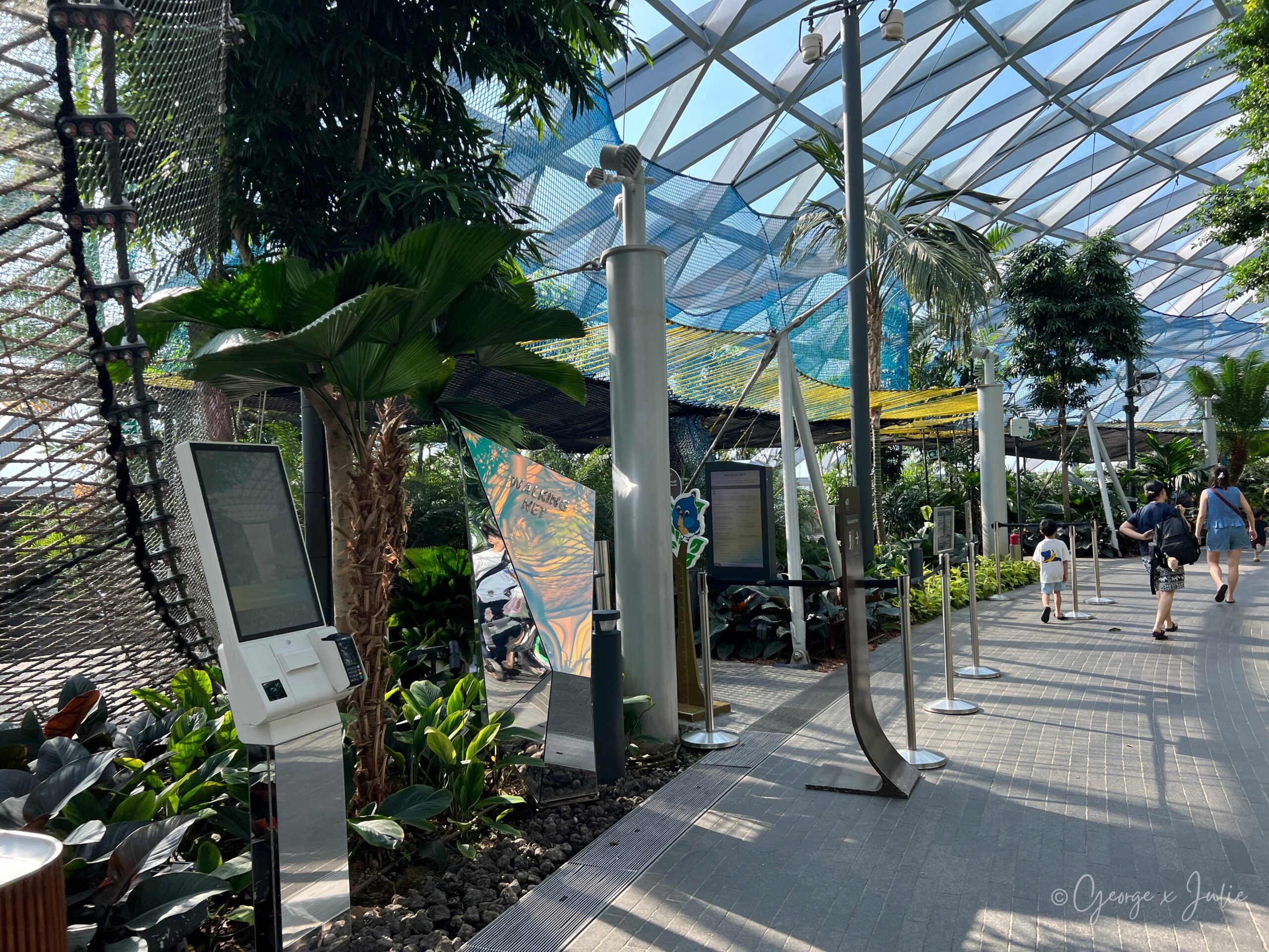 【新加坡親子景點】星耀樟宜星空花園Canopy Park|鏡子迷宮、天懸橋親子實玩攻略 7 步行網(Walking Net)入口,售票機和鏡面招牌立在步道旁,懸空網就架在頭頂上方