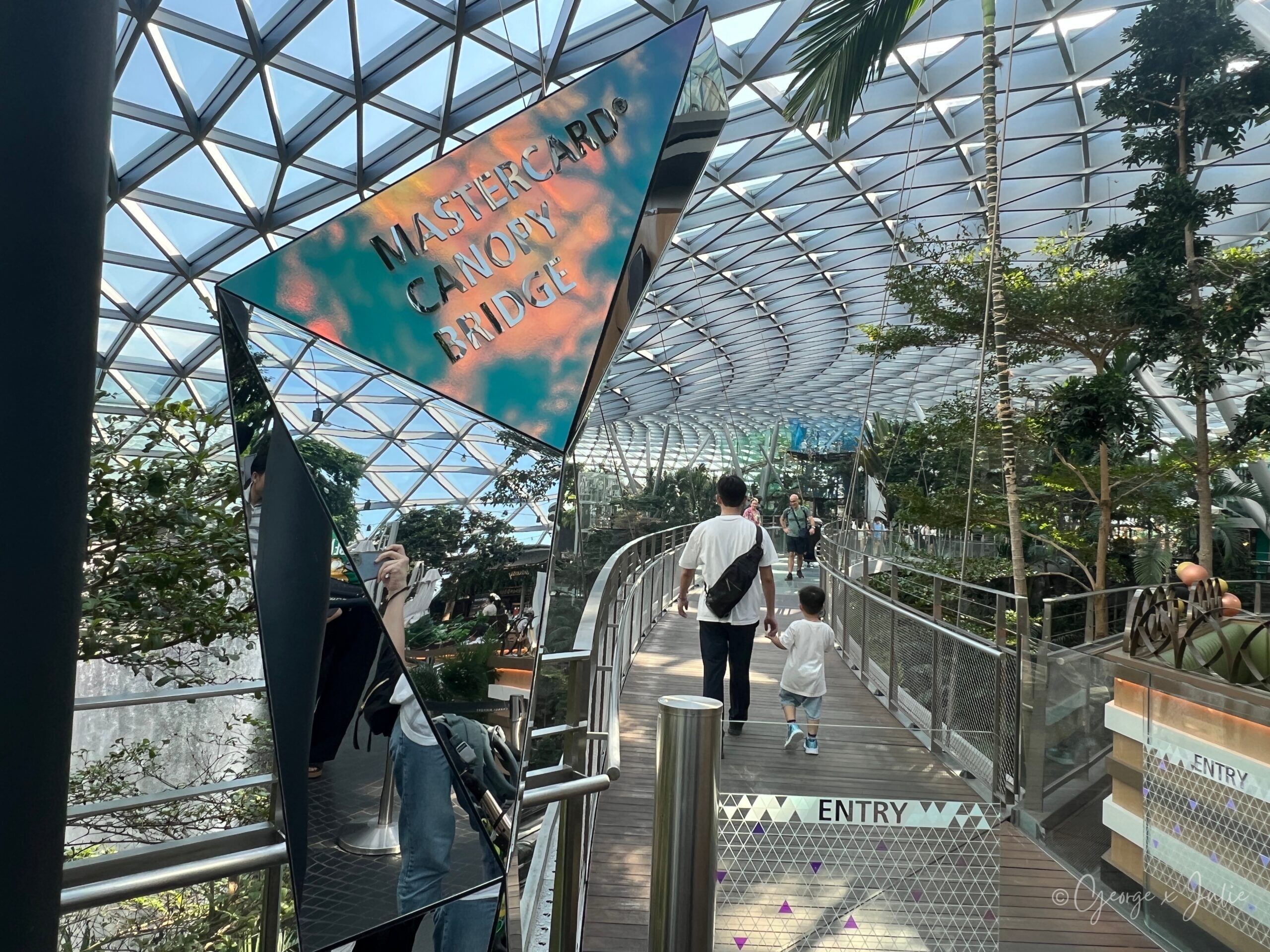 【新加坡親子景點】星耀樟宜星空花園Canopy Park|鏡子迷宮、天懸橋親子實玩攻略 23 MASTERCARD CANOPY BRIDGE(天懸橋)的鏡面招牌立在入口,George 牽著 Jensen 走上這座橋